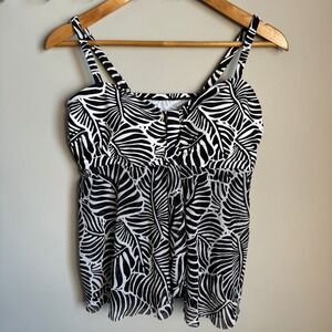 Krista Women's Tankini Swim Top Black White Palm Leaf Mesh Overlay Padded XL